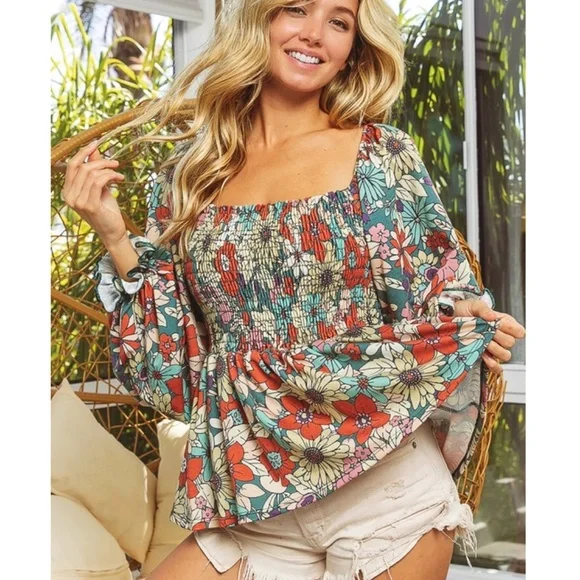 "The Georgia" Mod Floral Puff Sleeve Smocked Peplum Top Small - Picture 3 of 7